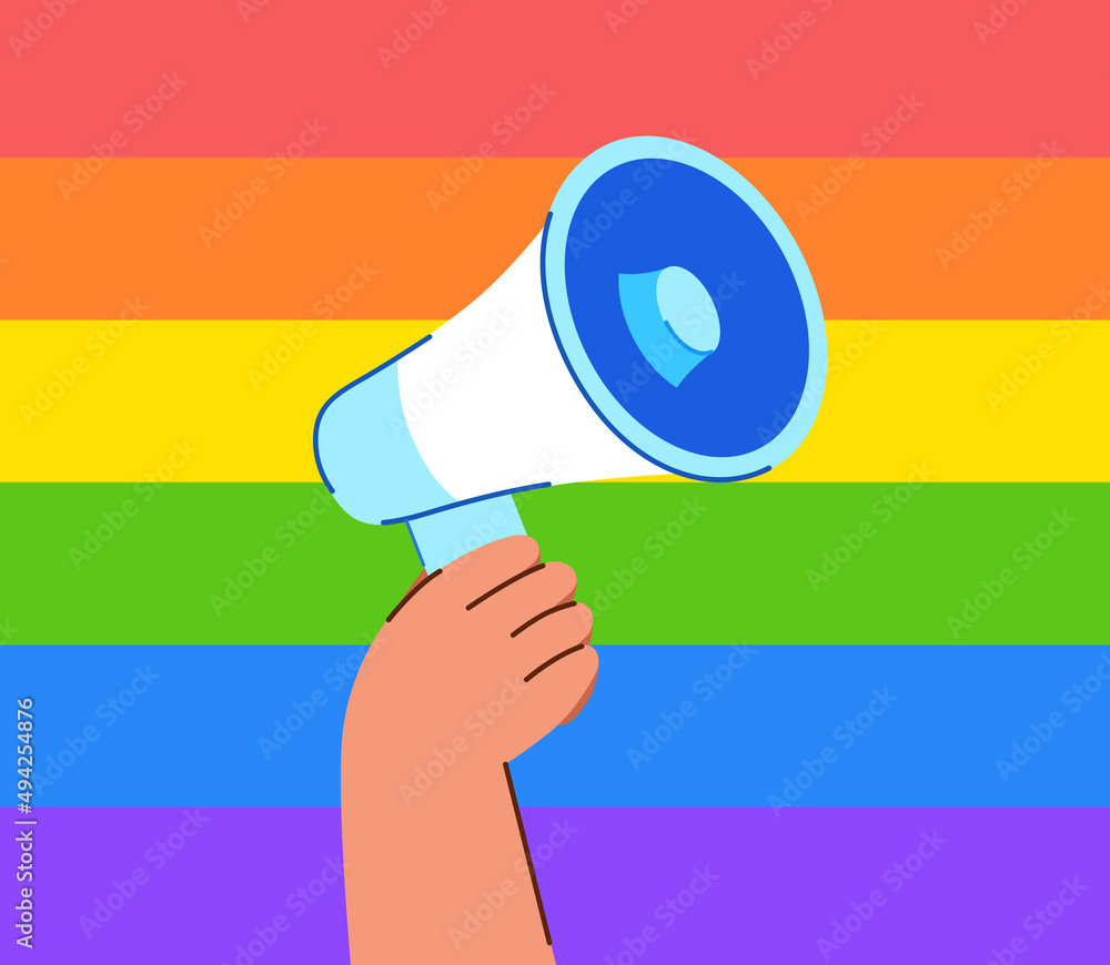 Lgbt greeting card. People hold megaphone or loudspeaker with lgbt ...