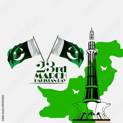 23rd of march pakistan day celebration.symbolic green colors and people silhouettes with flag photo