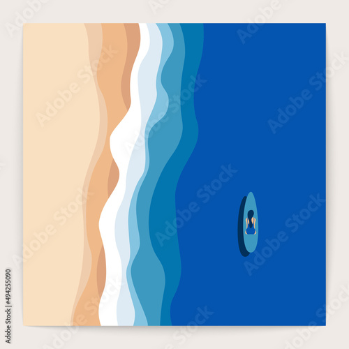 Ocean landscape square poster. Sea waves top view, seaside banner, beach shore aerial scene. Vector isolated card