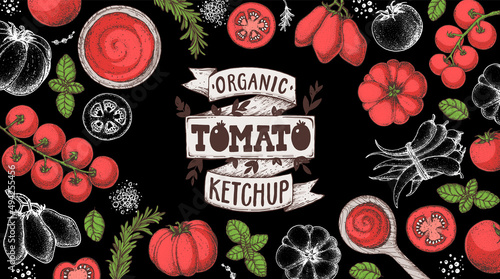 Tomato sauce, ketchup cooking and ingredients frame. Hand drawn vector illustration. Homemade tomato sauce, design elements. Hand drawn package design.