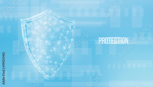 Guard shield. Cyber security concept with glowing low poly shield on blue background. Wireframe low poly design. Abstract futuristic vector illustration