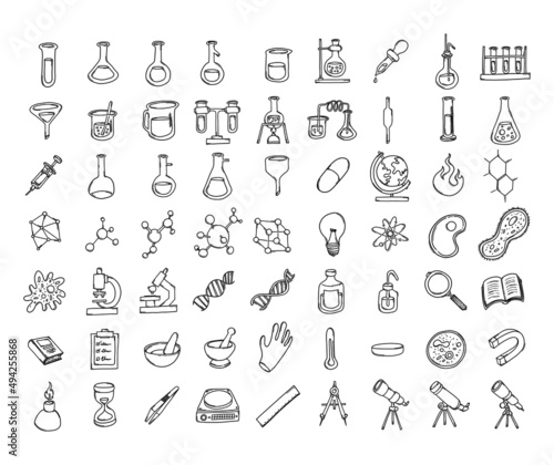 Science Doodle vector icon set. Drawing sketch illustration hand drawn line eps10