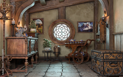 Cuadro en lienzo Fantasy tiny storybook style home interior cottage room background with rustic accents and a small round window