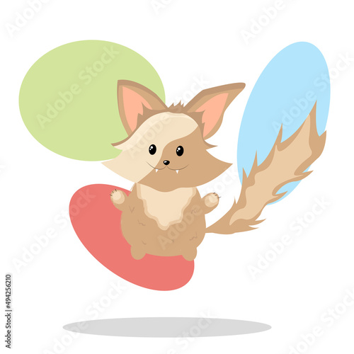 Cartoon little foxy cute jumping vector illustration. Funny animal character, cute fox with abstract vector object.