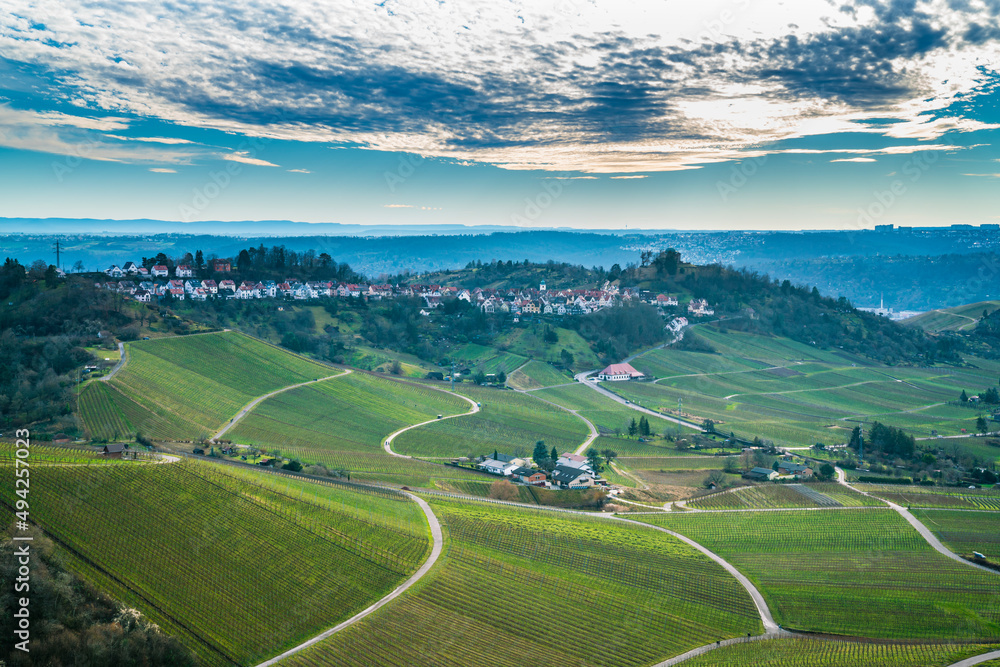 Germany, Stuttgart rotenberg houses on a hill with many ways leading through the vineyards, aerial panorama view Germany, Stuttgart rotenberg houses on a hill with many ways leading through the vineyards, aerial panorama view
