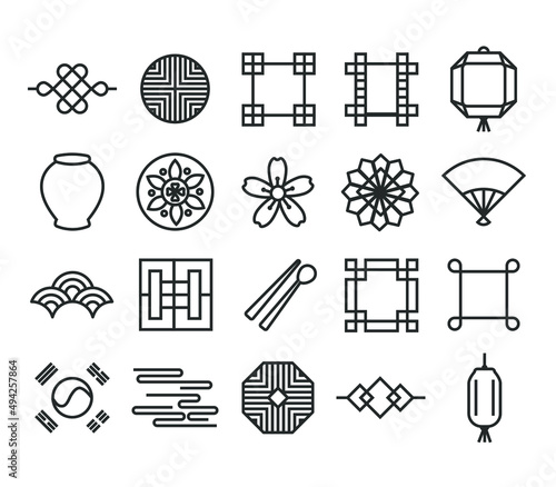 Korea traditional pattern outline icon collection. Linear symbol vector illustration collection. Thin line 640x640 pixels.