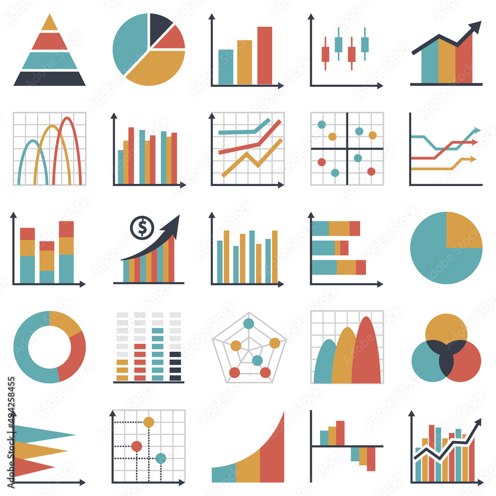 Set of business graph icon, Flat object statistics finance presentation, Report element symbol vector.