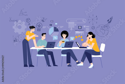 People concept. Vector illustration of startup, project development, process from idea to realization, e-commerce, shopping, seo for graphic and web design, business presentation and marketing .