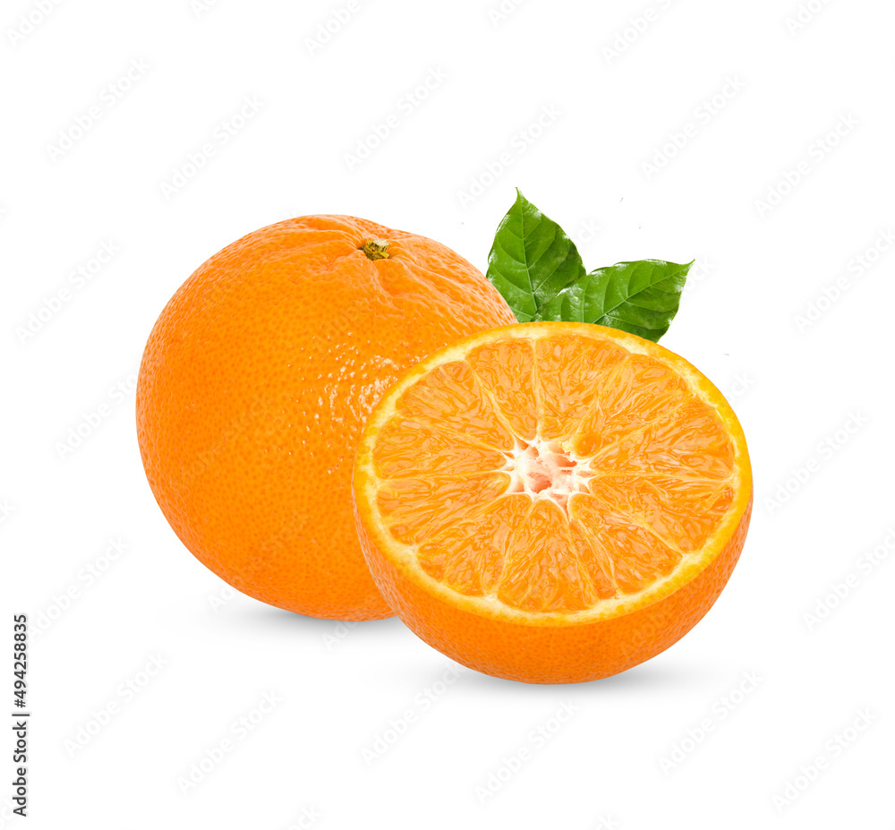 Fresh orange with leaves isolated on white background Fresh orange with leaves isolated on white background