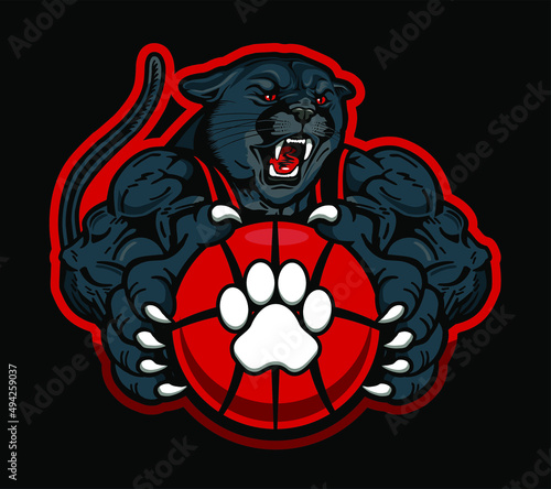 muscular, mean panther mascot holding basketball for school, college or league