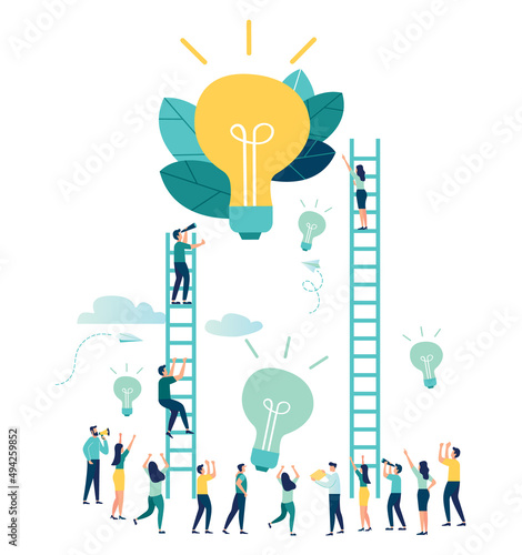 Sharing business ideas online assistant at work. promotion in the network. manager at remote work, searching for new ideas solutions, working together lightbulb lamp idea brainstorming vector