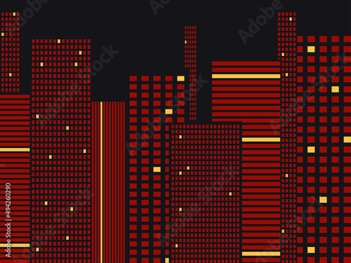 Vector illustration - a night city with brown modern multi-storey buildings with glowing windows against a black sky and a space to copy