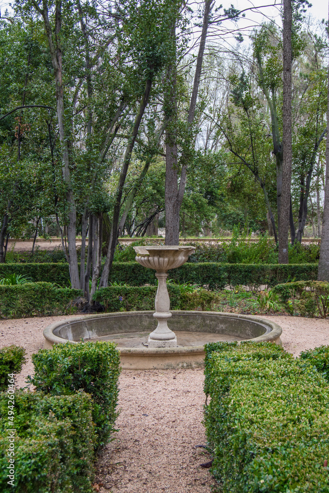 garden with stone fountain  in the historic gardens of the fincaa de Vista Alegre in Madrid