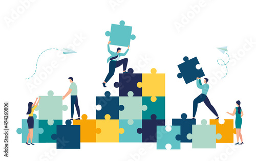 Teamwork character puzzle idea. Team metaphor. people connecting puzzle elements. Vector illustration flat design style. Symbol of teamwork, cooperation, partnership vector photo