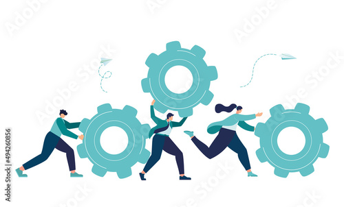 gear mechanism teamwork character idea people. vector illustration, little people links of mechanism, business mechanism, abstract background with gears, people are engaged in business promotion