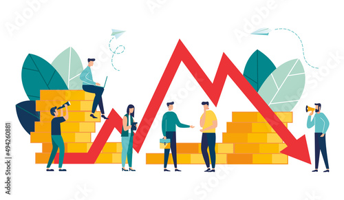 down arrow price drop people. Vector illustration, economic downturn, profit and loss, business and finance, crisis