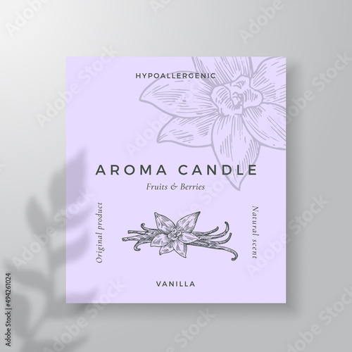 Aroma candle vector label template. Vanilla spice scent from local purveyors advert design. Ink style sketch flower background layout decor Natural smell product package text space