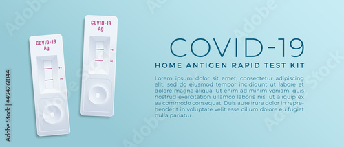 COVID-19 Antigen Fast Self Test Realistic 3d Device Illustration. Medical Corona Virus Nasal Swab Diagnostic Home Kit Vector Background Design Layout. Banner Template for Social Media Isolated