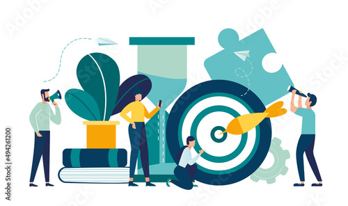 goal achieved success, target with dart. Vector illustration, people run to their goal on the column of columns, move up motivation, the path to the target's achievement