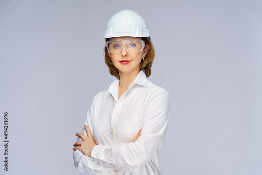 engineer woman white helmet and safety goggles engineer woman white helmet and safety goggles