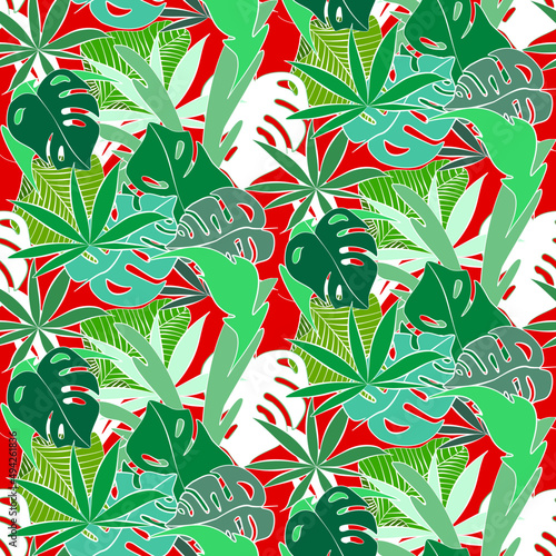 Vector seamless half-drop pattern, with leaves