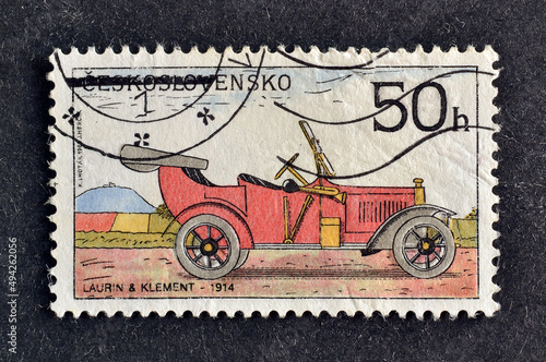 Cancelled postage stamp printed by Czechoslovakia, that shows Laurin and Klement Car, 1914, circa 1988. photo