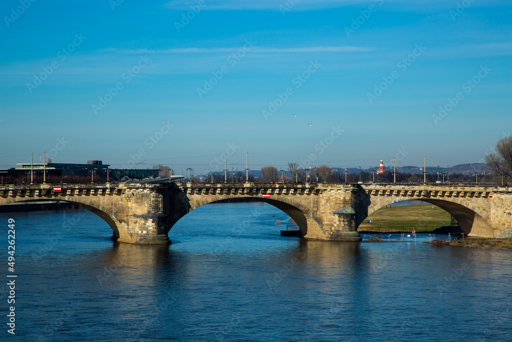 Augustus Bridge in Dresden, blue sky, tourism, sightseeing