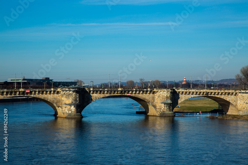 Augustus Bridge in Dresden, blue sky, tourism, sightseeing