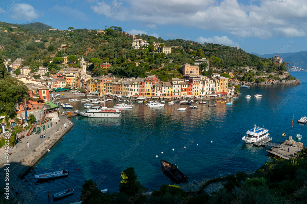 Panoramic view of the colorful coastal Italian village Portofino in the province of Genova Italy