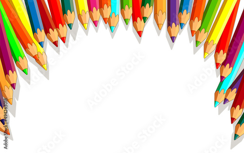 A set of colored pencils arranged in a semicircle on top of an isolated white background. Free space for text. Top view pencils. Vector illustration, cartoon flat style