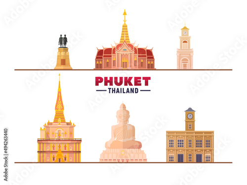 Phuket ( Thailand ) top famous landmarks in white background. Vector Illustration. Business travel and tourism concept with modern buildings. Vector for print or web.