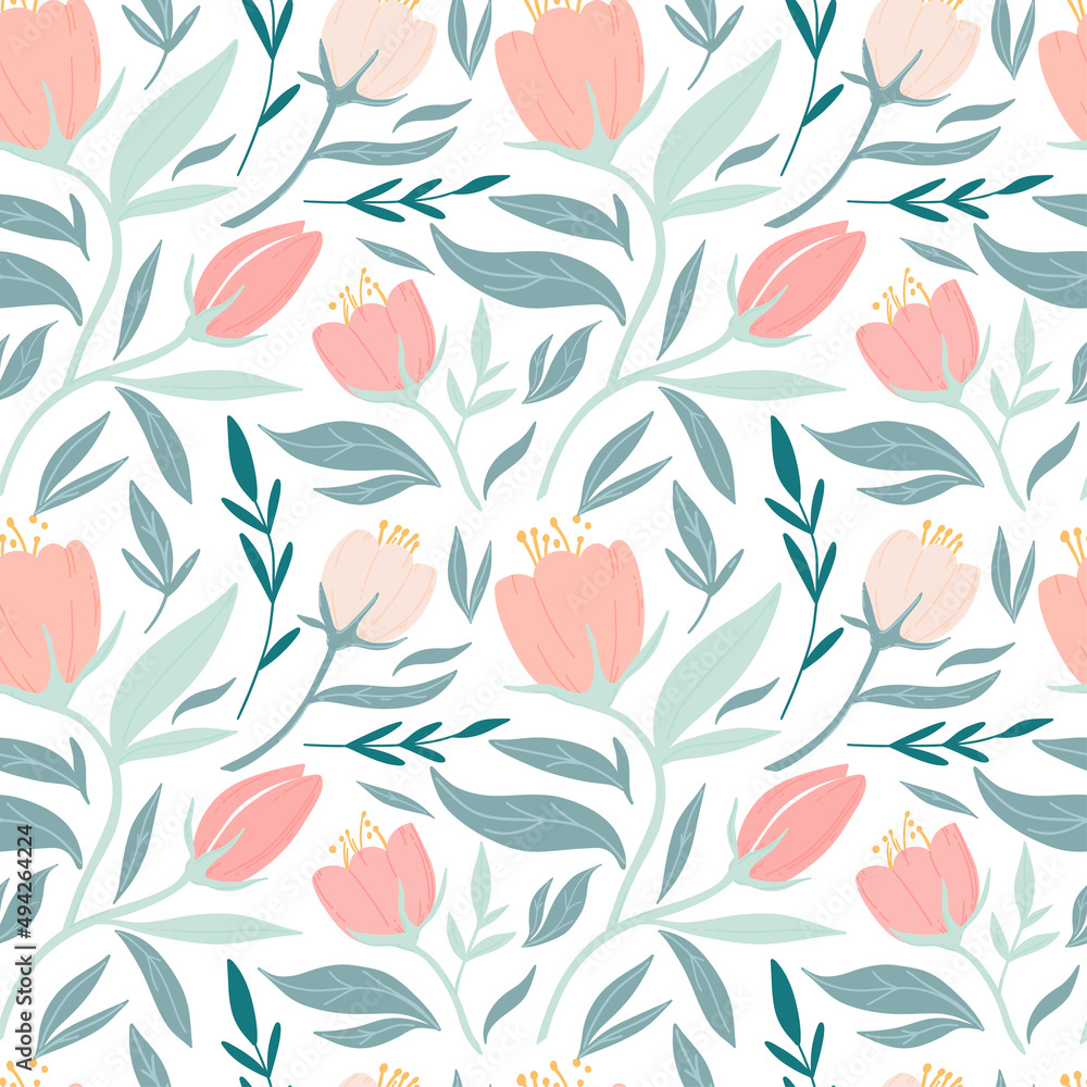 Seamless vector pattern with garden flower, tulip, plants, botanical. Cute pattern with pink flower. Seamless vector pattern with garden flower, tulip, plants, botanical. Cute pattern with pink flower.