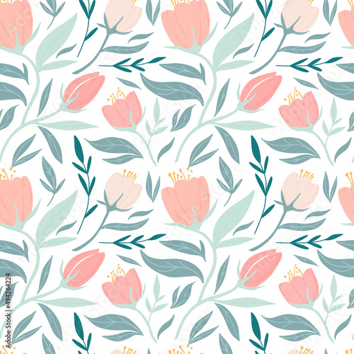 Seamless vector pattern with garden flower, tulip, plants, botanical. Cute pattern with pink flower. © Storm Petrel Designs