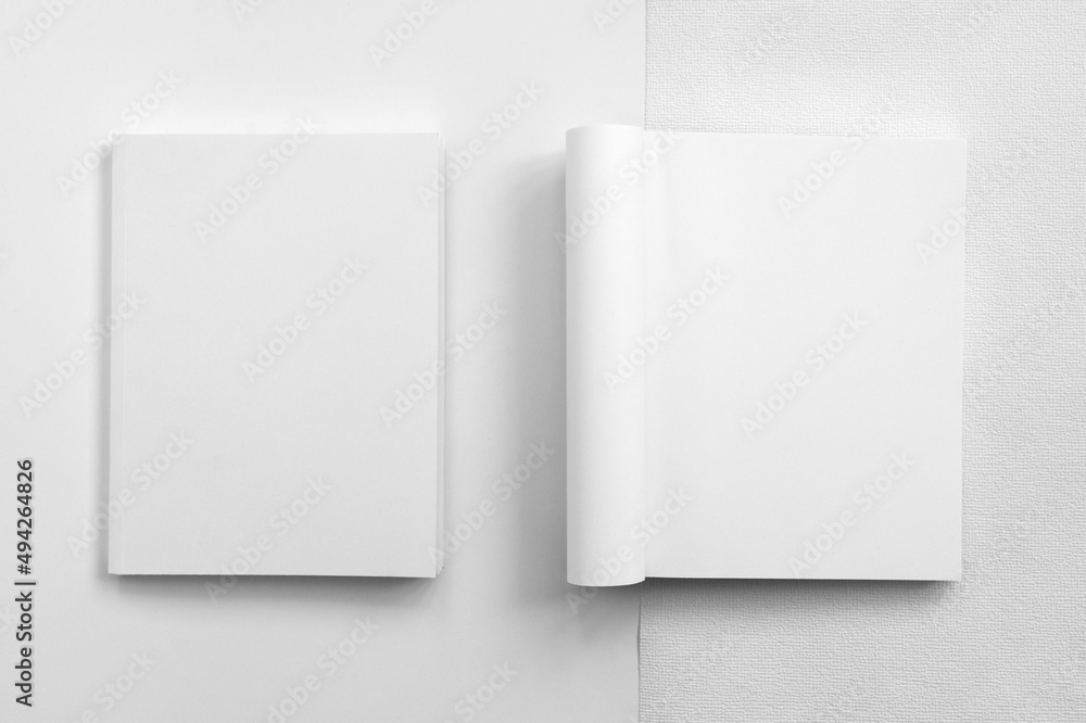 Mockup of brochure with fold. Blank mock up of booklet, menu and book. White paper of magazine. Mockup of leaflet. Template of twofold pamphlet isolated on white background. Mockup of brochure with fold. Blank mock up of booklet, menu and book. White paper of magazine. Mockup of leaflet. Template of twofold pamphlet isolated on white background.