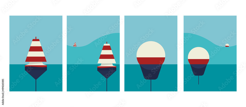 Set of posters buoy on the sea, ocean. Illustration of calm sea and ocean with waves. - obrazy, fototapety, plakaty 
