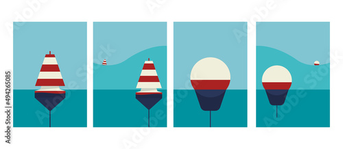 Set of posters buoy on the sea, ocean. Illustration of calm sea and ocean with waves. photo