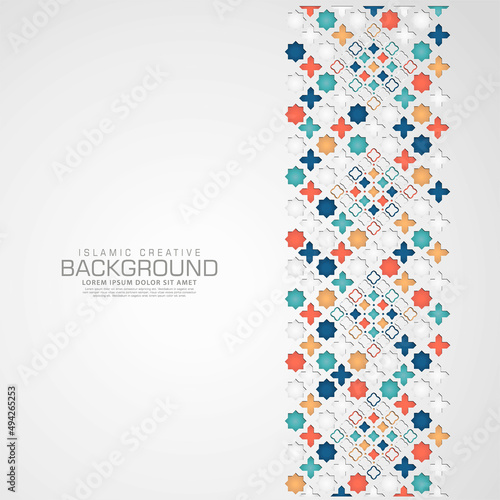 Islamic design greeting card background template with ornamental colorful detail of floral mosaic islamic art ornament.Vector illustration.