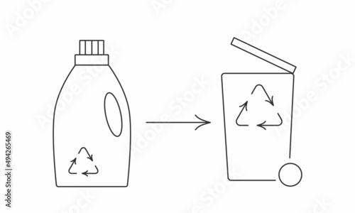Recycle cleaning bottle and garbage recycling icon concept of waste sorting. Editable stroke. Vector stock illustration isolated on white background for packaging logo print. 