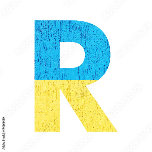 Capital letter R in the colors of the Ukrainian flag. The font is isolated on a white background. This alphabet is ideal for inscriptions related to Ukraine, Russia and the political situation..