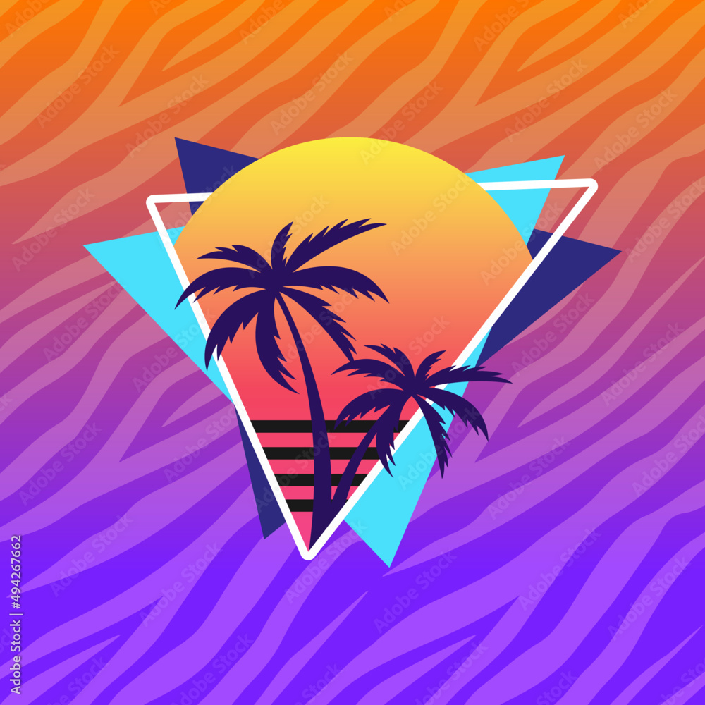 Obraz premium Vector Illustration for T-shirt with Palms and Sunset. 80's and 90's Apparel. Glam Rock style. Retro print for clothing.