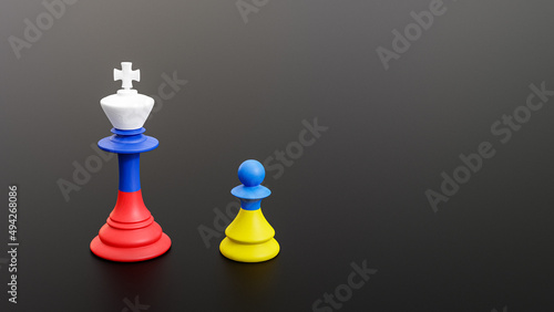 Ukraine and Russia chess pieces pawn and king with flag 3D render