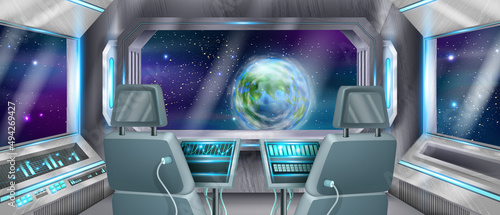 Space ship cockpit vector background, rocket interior, computer control panel, astronaut pilot chair. Spacecraft shuttle room, Earth planet window view futuristic cabin, console monitor. Space cockpit