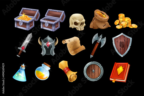 Medieval game interface icon set, gold coin pile, vector magic weapon badge kit, helmet, potion flask. RPG UI fantasy objects, treasure sack, wooden trunk, iron sword warrior shield, skull. Game icons