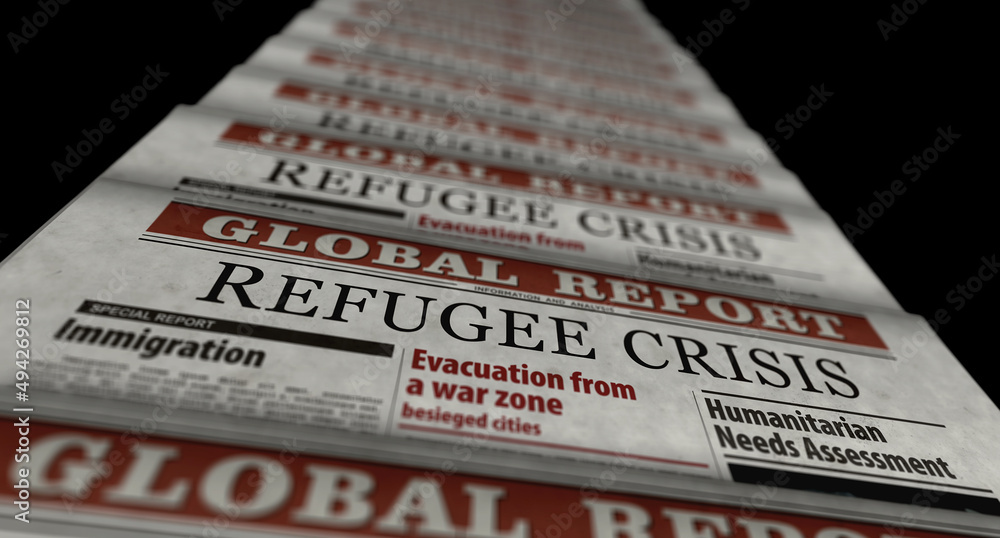 Obraz premium Refugee crisis and humanitarian aid retro newspaper 3d illustration