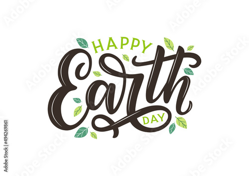 Happy Earth Day hand-sketched lettering poster decorated by leaves. Earth day vector concept as card, postcard, social media post, design template, poster, banner