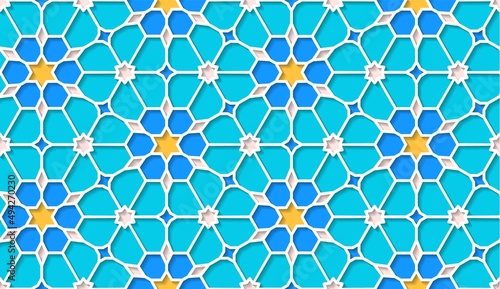 Arabic seamless girih pattern with classic islamic culture ornament. Colorful tiled background with shadow.
