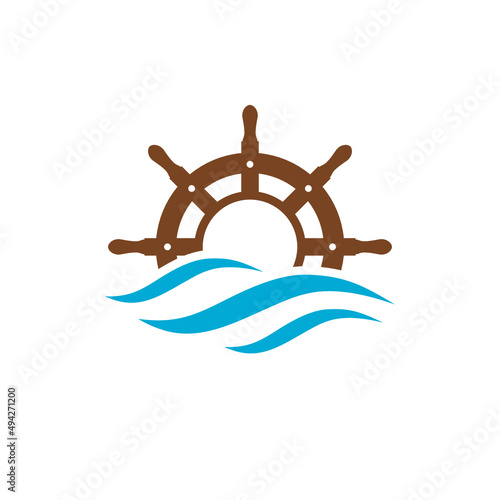 Steering Wheel on The Wave Water Ocean Logo design isolated on white background