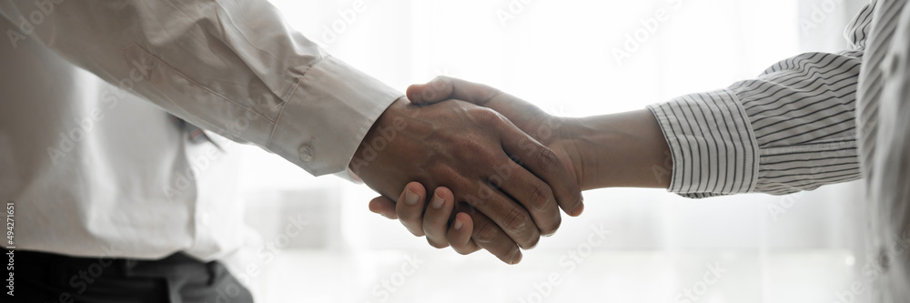 Fototapeta premium Business meeting Handshake. home loan insurance.&nbsp;.Real estate broker and client&nbsp;&nbsp;sign contract insurance agreement document.