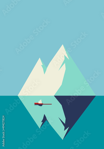 iceberg hidden underwater danger. central composition. A ship is sailing in the ocean