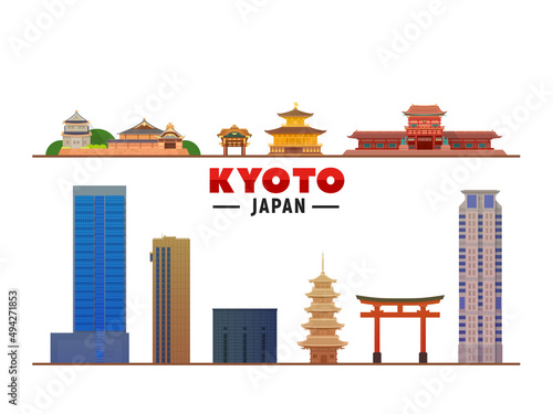 Kyoto ( Japan ) top landmarks. Vector Illustration. Business travel and tourism concept with modern buildings.